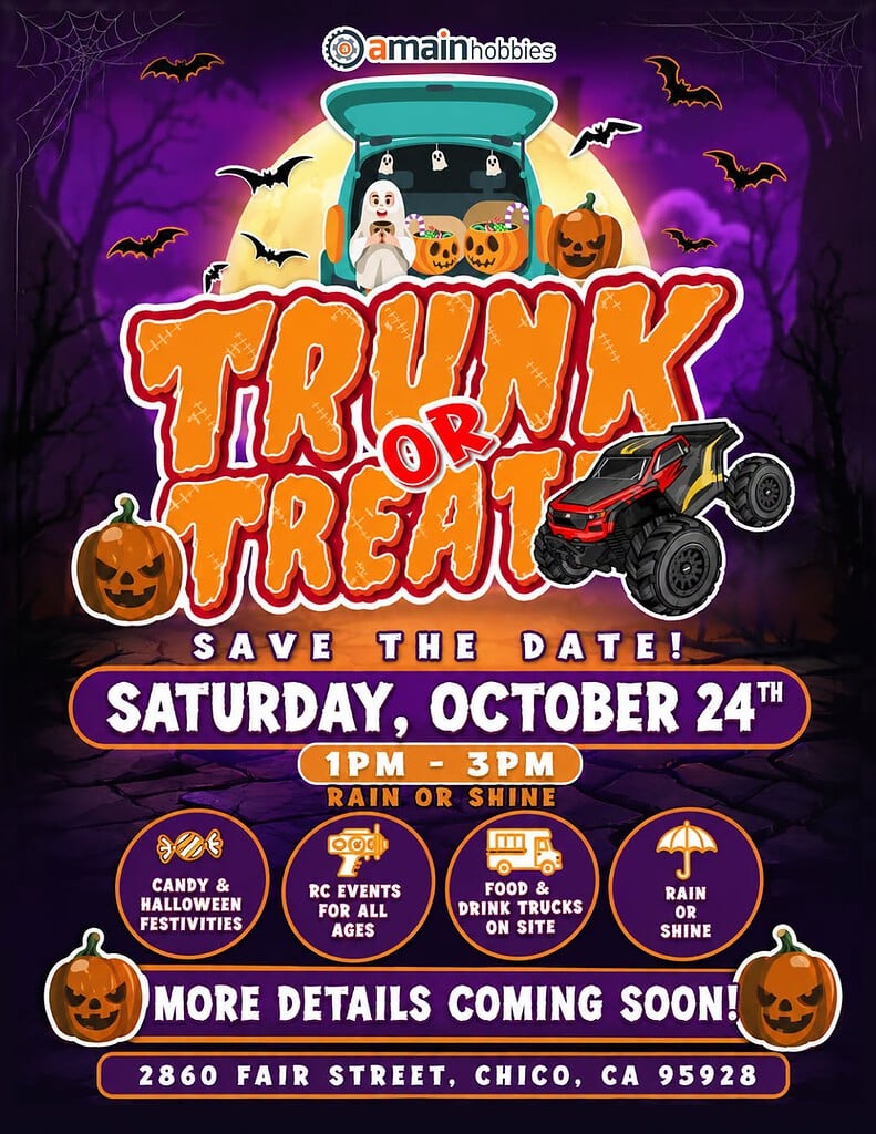 Halloween Trunk or Treat event poster with spooky background, pumpkins, ghost, and RC car, scheduled for October 24 in Chico, CA.