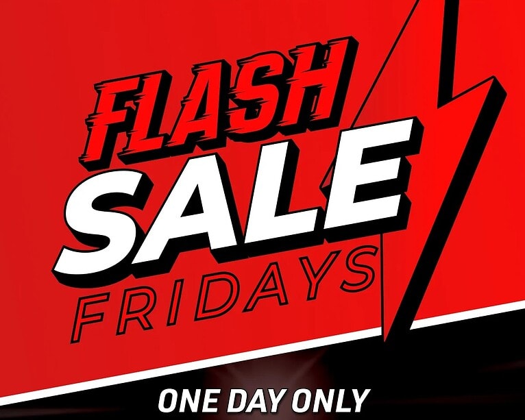 Bright red and black promotional graphic for Flash Sale Fridays with bold text and lightning bolt design.