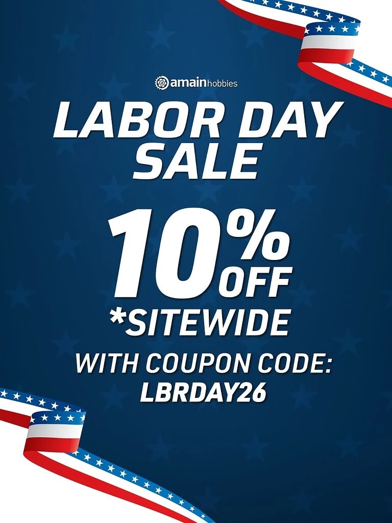 Labor Day Sale at AMain Hobbies offering 10% off sitewide with coupon code LBRDAY26, featuring patriotic red, white, and blue design elements.