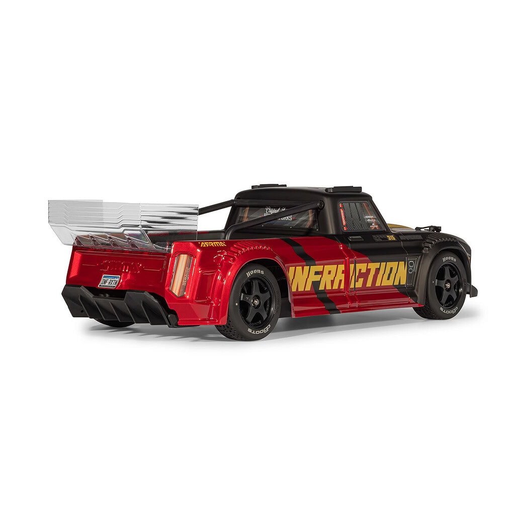 High-performance ARRMA 1/8 scale Infraction 223S V4 RC truck featuring a sleek drag body and powerful motor, ideal for RC racing enthusiasts seeking speed and durability.