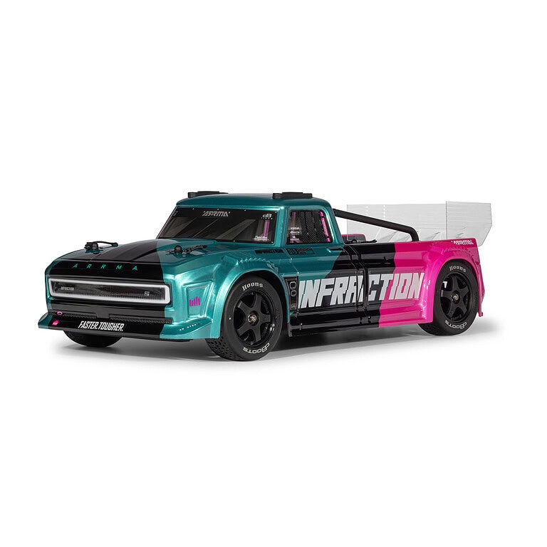 ARRMA 1/8 Infraction 223S V4 RC truck with vibrant teal, black, and pink design, featuring a sleek body and large tires for high-performance RC racing.
