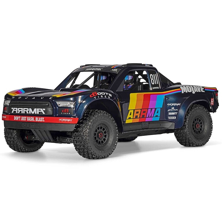 RC off-road truck featuring ARMA branding and rainbow stripes, designed for RC racing and hobby enthusiasts.
