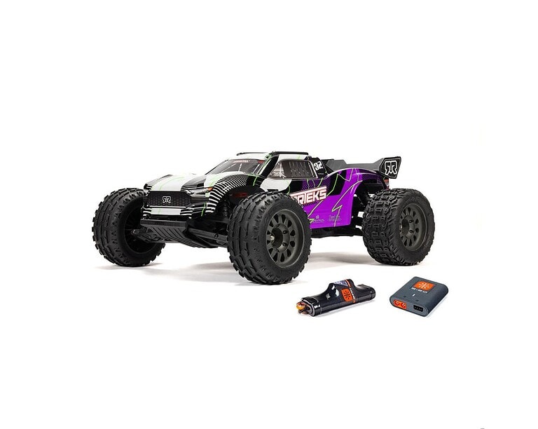 Brightly colored RC car with large off-road tires and remote control, designed for RC racing and off-road adventures. Includes a remote control and electronic speed controller for optimal performance.