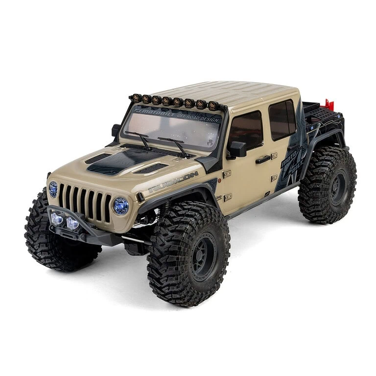 Detailed RC off-road vehicle with large tires, beige body, and roof-mounted lights, ideal for remote control car enthusiasts.