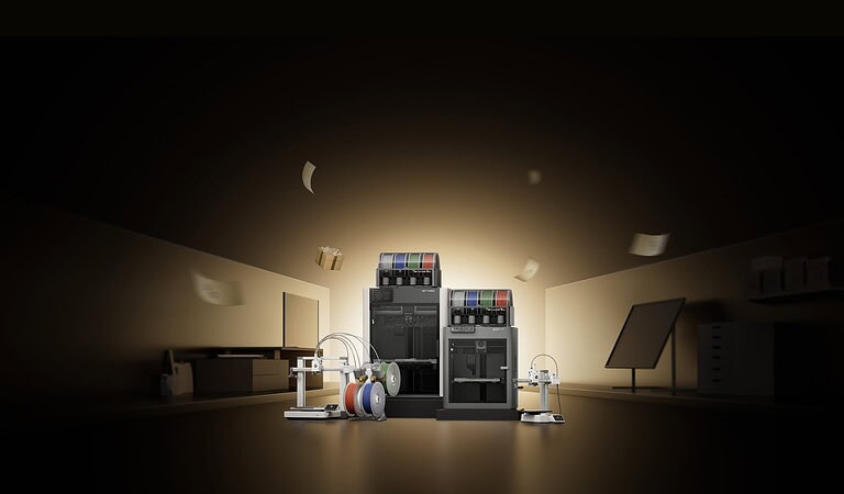 High-quality 3D printer with multiple filament spools, showcasing resin printing and 3D modeling technology in a dimly lit workspace for DIY enthusiasts and professionals.