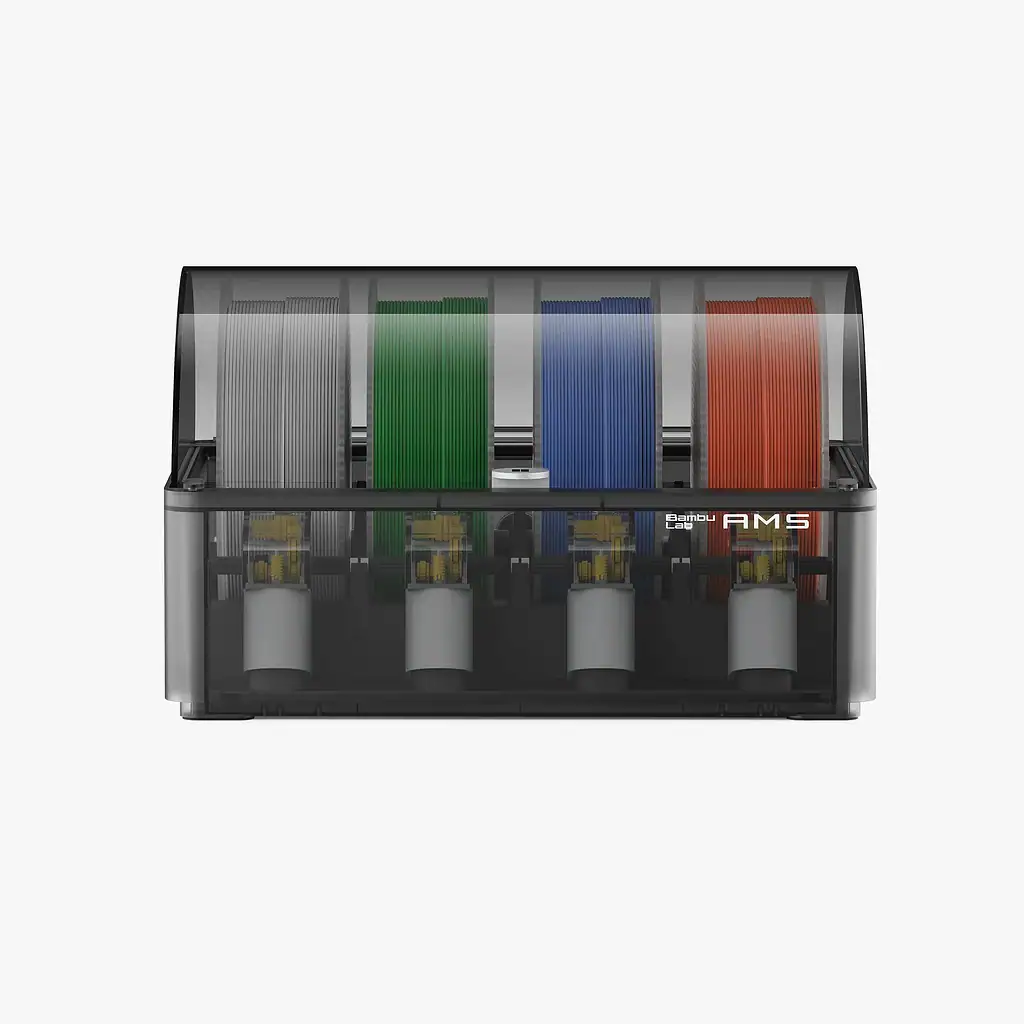 Color-coded filament spools in a transparent storage box for 3D printing.