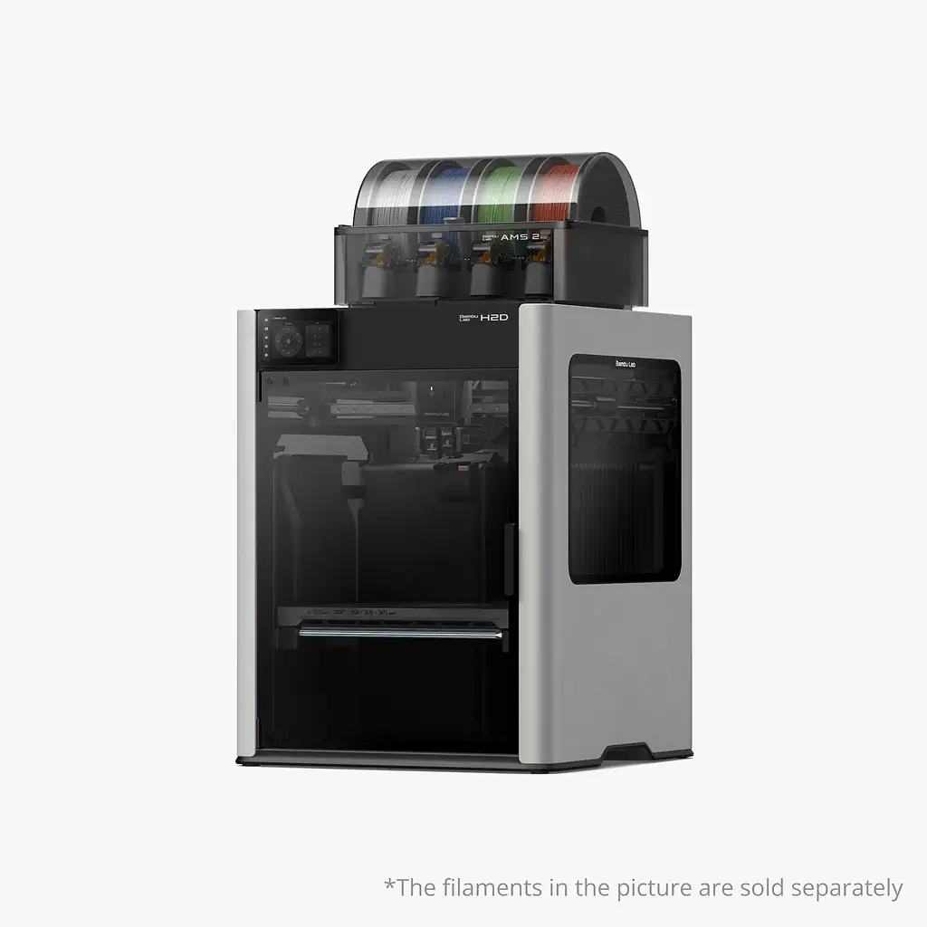 Silhouette of the Bambu Labs X1 Carbon 3D printer with AMS 2. Extruder with filament spools, high-precision 3D printing technology for advanced creation.