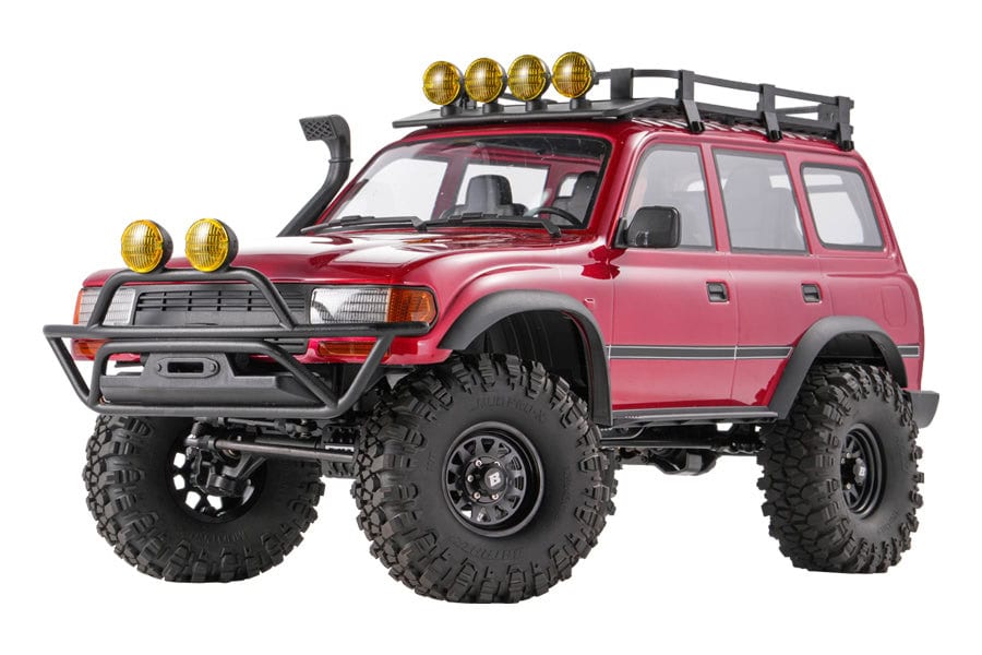 Detailed RC off-road vehicle with large tires, roof rack, and front bumper guard, ideal for outdoor RC adventures and hobbyist use.