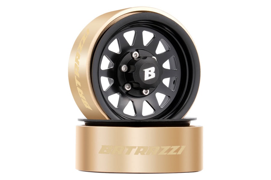 Close-up of a Benzarzi RC car wheel with black and gold design, showcasing detailed tread and rim for remote control vehicle enthusiasts.