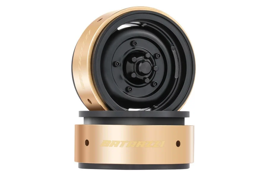 Rubber tire with black central hub, golden sidewalls, and "BATRAZZI" branding on a sleek stand, showcasing RC car wheel components and accessories for remote control hobby enthusiasts.