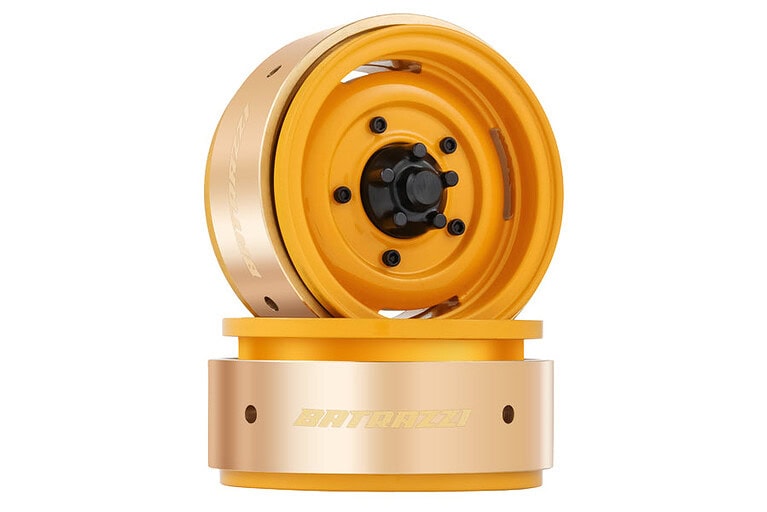 Lightweight yellow RC drone wheel with black hub, innovative design for remote control vehicle performance, highlighting precision engineering and durability for RC enthusiasts.