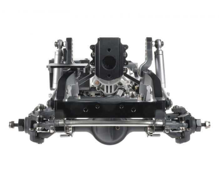 Detailed RC car chassis with metal and plastic parts, showcasing high performance and durability for remote control car racing enthusiasts. Perfect for upgrades and customization.