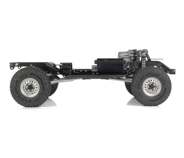 High-performance off-road RC vehicle chassis with durable tires and advanced steering mechanism. Perfect for RC hobbyists seeking robust and customizable remote control cars.