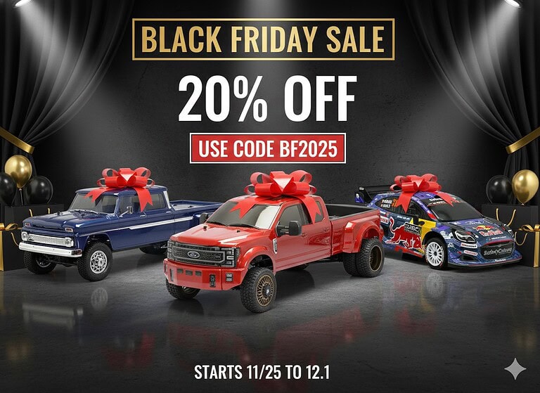 Colorful remote control cars decorated with red bows, showcased for Black Friday sale on a black and gold themed background.