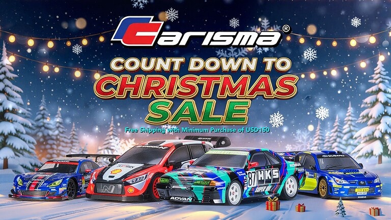 Colorful RC cars on snow with a holiday theme, festive background, Christmas trees, gift boxes, and snowflakes, promoting RC Car Newb's Christmas sale and free shipping offer.