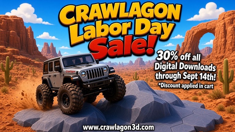 Off-road vehicle on rocky desert landscape promoting Crawlagon Labor Day Sale with 30% off digital downloads through September 14th.