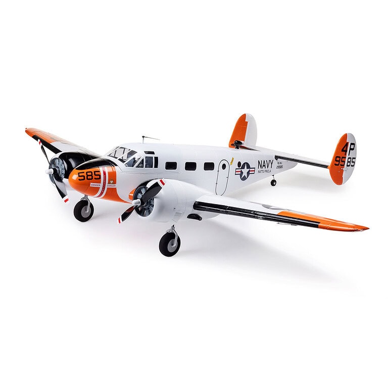 Detailed image of the E-flite Beechcraft D18/RC-45J 1.5m remote control airplane, showcasing its realistic design and vibrant orange, white, and black color scheme.