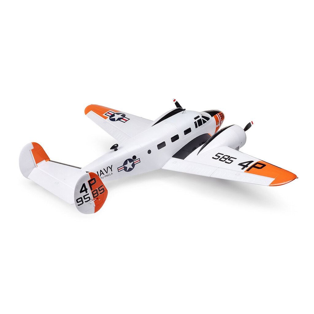 Detailed scale RC model of the E-flite Beechcraft D18/RC-45J, 1.5 meters wingspan, designed for remote control aircraft enthusiasts.