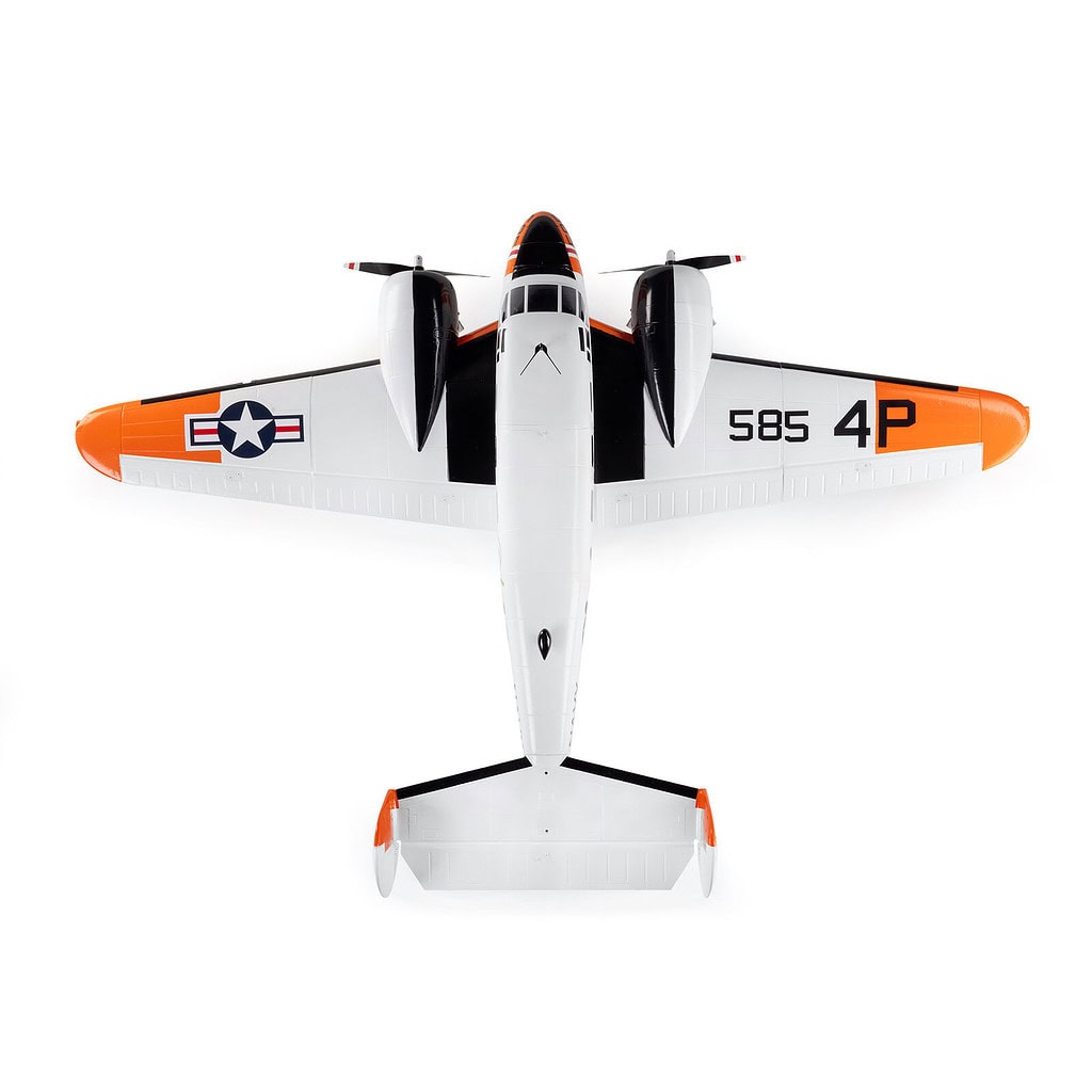 Detailed view of the E-flite Beechcraft D18/RC-45J 1.5m remote control airplane, showcasing its realistic design and scale features for RC aviation enthusiasts.