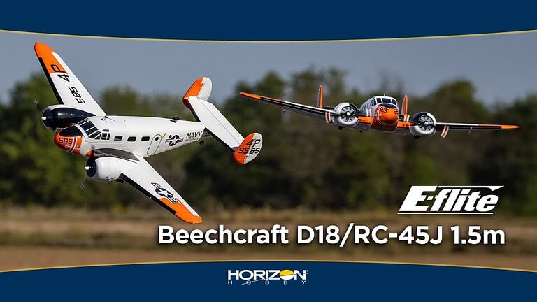 Detailed image of a Beechcraft D18/RC-45J 1.5m remote control airplane in flight, showcasing its realistic design and vibrant orange, white, and black color scheme for RC aircraft enthusiasts.
