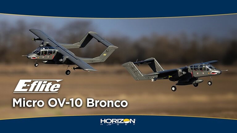 Two Eflite Micro OV-10 Bronco model aircraft flying in formation during a demonstration, showcasing detailed design and realistic features for RC enthusiasts.