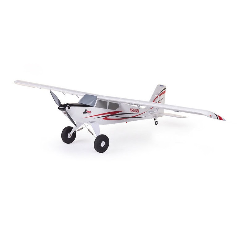 Detailed image of a white RC airplane with red accents, featuring a propeller, landing gear, and sleek design for RC flying enthusiasts. Perfect for remote control aircraft hobbyists.