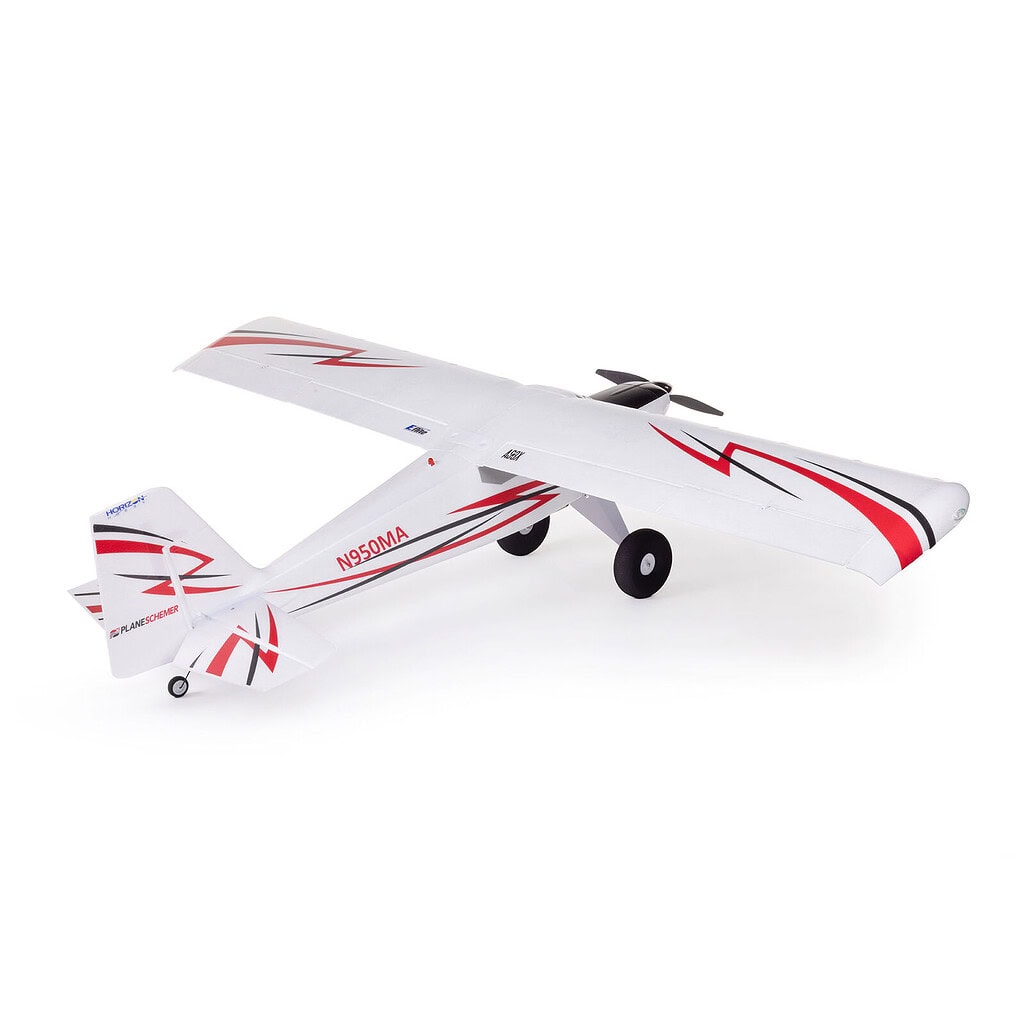 Detailed image of a sleek RC airplane with red and black accents, featuring ailerons, landing gear, and a propeller, perfect for hobbyists and remote control aircraft enthusiasts.