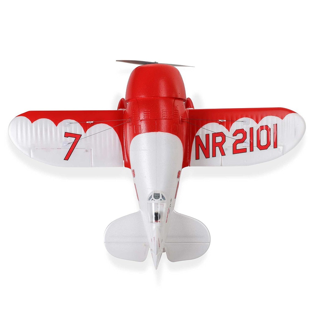 Compact RC Gee Bee R-2 model for indoor and outdoor flying. Features a bright red and white color scheme, lightweight design, and detailed scale appearance for enthusiasts and collectors.