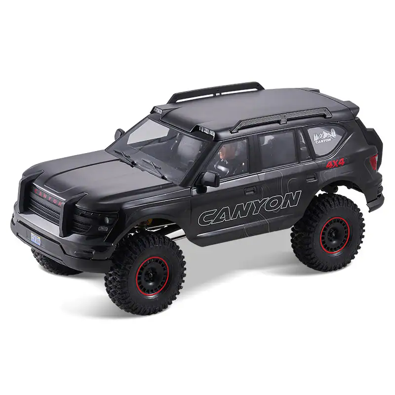 RC off-road vehicle replica with rugged tires, detailed exterior, and Jeep-style design for RC enthusiasts and off-road adventure hobbyists.