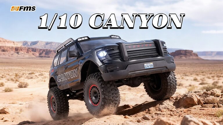 RC off-road vehicle navigating rocky desert terrain, showcasing rugged design and off-road capability, with "1/10 CANYON" text highlighting scale and model for RC enthusiasts.
