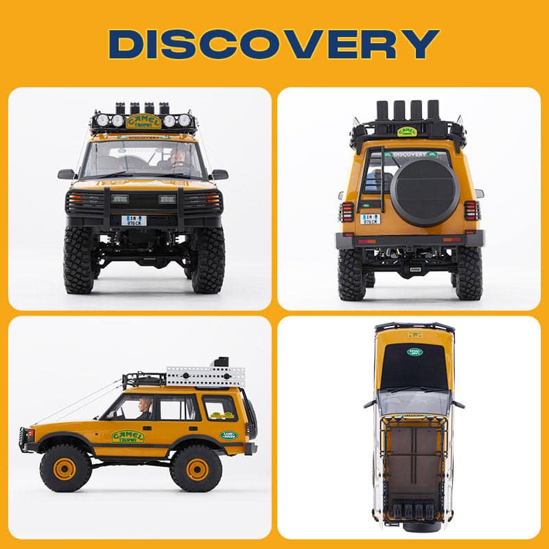 Camel Trophy-inspired RC discovery vehicle model; detailed images showcasing front, rear, side, and top views for off-road RC vehicle enthusiasts.