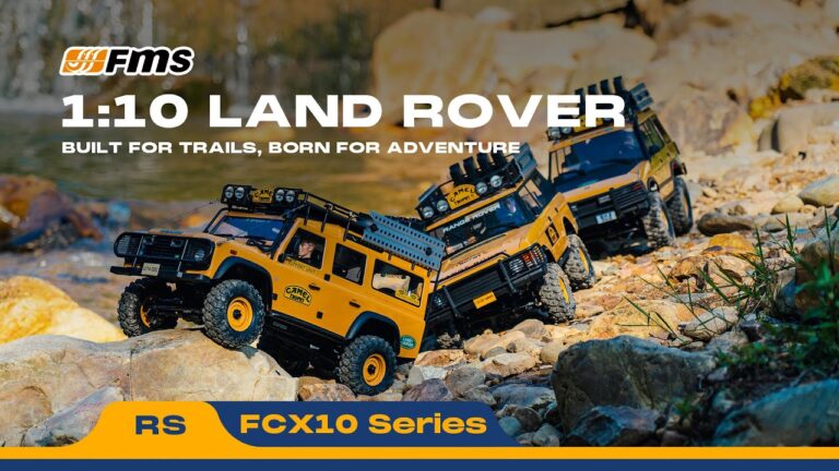 RC Land Rover model on rocky terrain, rugged RC vehicle for trail and adventure, part of the FMS FCX10 Series, designed for off-road enthusiasts, outdoor RC car, and trail exploration.