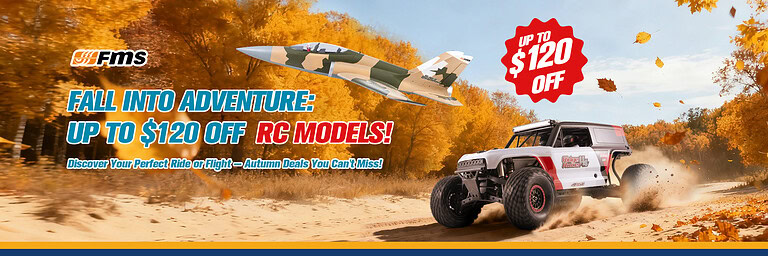 RC aircraft and RC car racing outdoor autumn setting with fallen leaves, showcasing RC Newb's deals on RC models, up to $120 off.