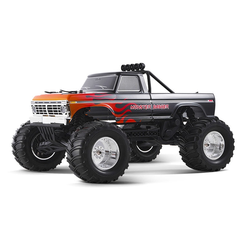 RC monster truck with large tires and detailed design, inspired by Ford F-100, featuring brushless motor for high performance and durability.