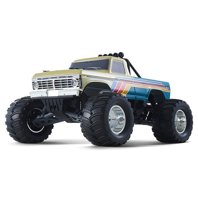High-quality RC Ford F-100 monster truck with brushless motor, large tires, and detailed design for off-road performance. Perfect for RC enthusiasts and collectors.