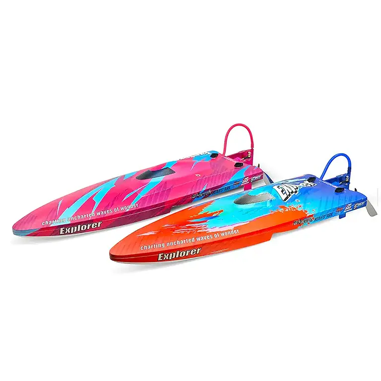 Colorful FMS TFL Explorer brushless R/C boats in pink and blue with handles, designed for water racing and recreation.