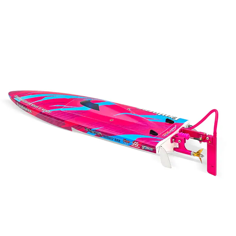 Pink and blue FMS TFL Explorer brushless R/C boat with water propeller and remote control system, ideal for water adventures.