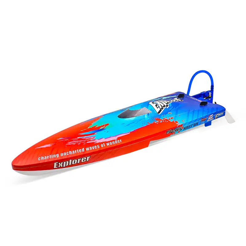 FMS TFL Explorer brushless R/C boat with vibrant red and blue design, ready for water adventure, featuring a sleek hull and remote control setup.