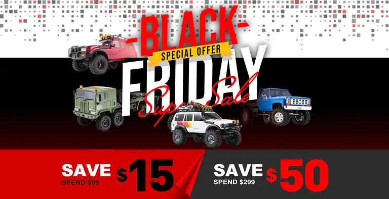 RC off-road truck and vehicle models on Black Friday sale banner, promoting remote control cars, trucks, and BDU vehicles with discounts and special offers for RC enthusiasts.