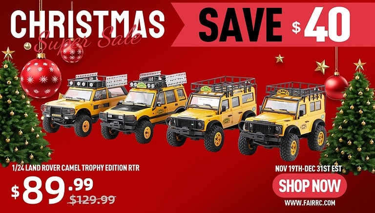Detailed image showing four yellow Land Rover toy RC cars with roof racks on a festive red background, surrounded by Christmas trees and ornaments, promoting a holiday discount.