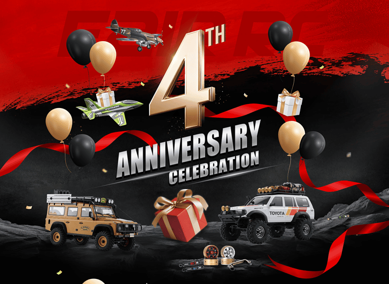 RC airplane and off-road RC vehicles celebrating 4th anniversary, with balloons, ribbons, gift boxes, and model tires on a rugged landscape for RC hobby enthusiasts.