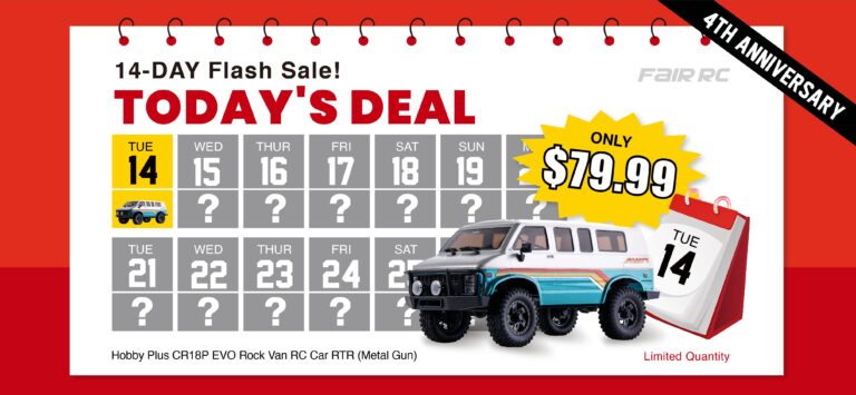 RC hobby store 14-day flash sale featuring RC cars, trucks, and accessories at discounted prices, ideal for remote control vehicle enthusiasts and hobbyists.