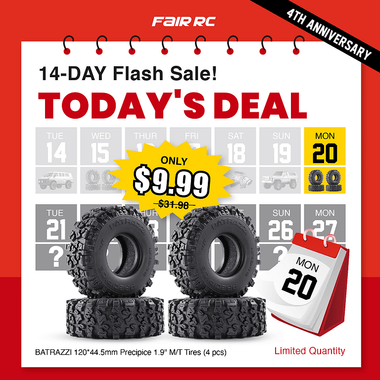 Tire sale promotion featuring RC off-road tires with a discount price of $9.99 on an RC toy website.