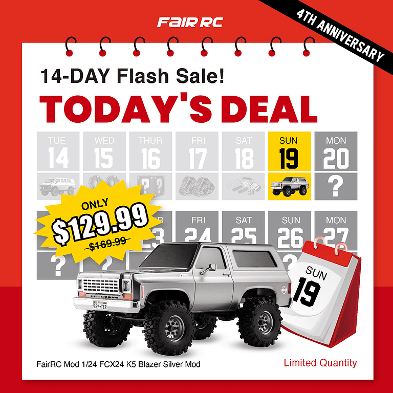 RC off-road truck model with large tires and metallic silver finish, featured in a promotional sale advertisement.