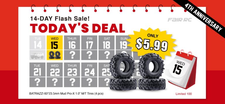 Tire sale promotional graphic with discounted off-road tires for RC cars, featuring a bright yellow "$5.99" deal highlight, date-specific sale details, and bold red and black design elements.