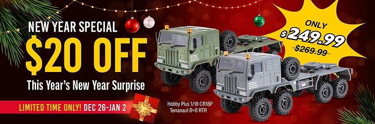 Remote control truck toys with Christmas ornaments and string lights, promoting a New Year sale with discounts and limited-time offers on toy vehicles.