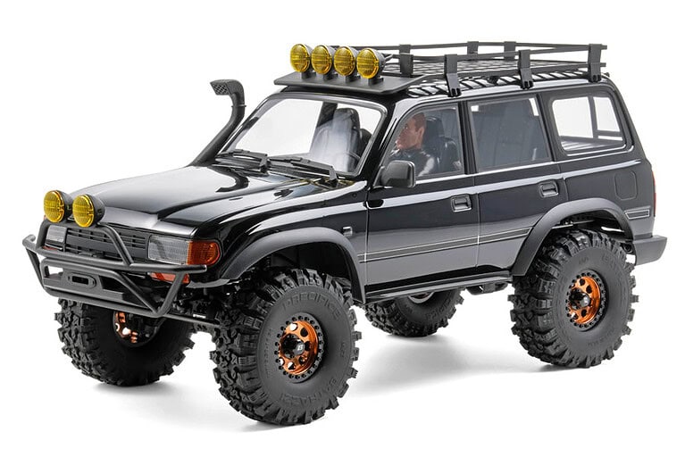 High-quality RC Newb RC car featuring a black body, off-road tires, roof rack, and LED lights, perfect for RC hobbyists and scale model enthusiasts.
