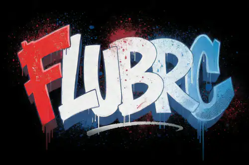 Colorful graffiti art spelling "FUBRC" with vibrant red, white, and blue spray paint effects on a black background, showcasing urban street art style.