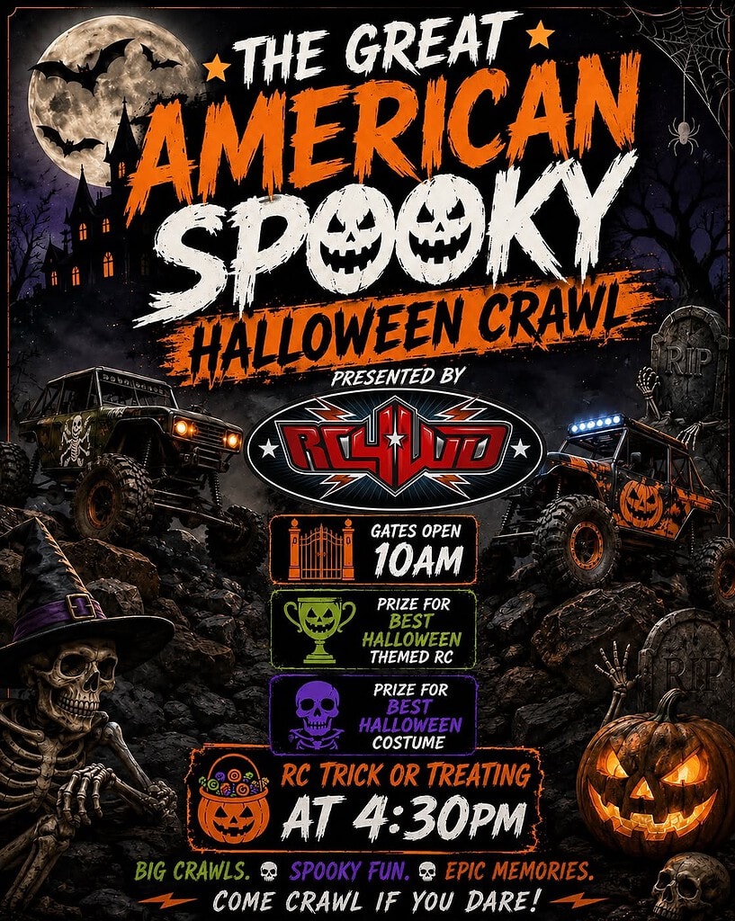 Halloween-themed event poster featuring spooky decorations, haunted house, skeletons, pumpkins, and off-road vehicles for The Great American Spooky Halloween Crawl.