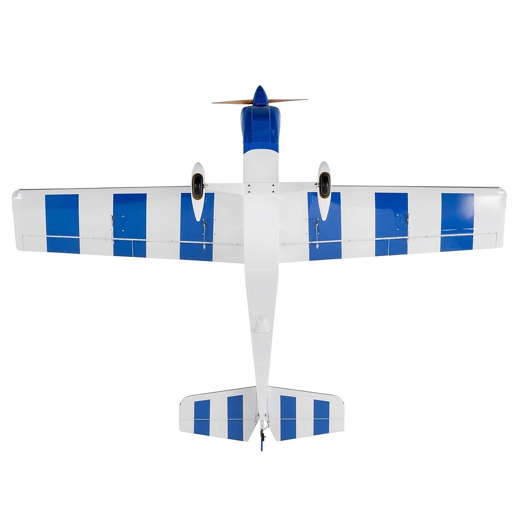 Remote control airplane with blue and white striped wings, viewed from below, showcasing its aerodynamic design and vibrant color scheme.